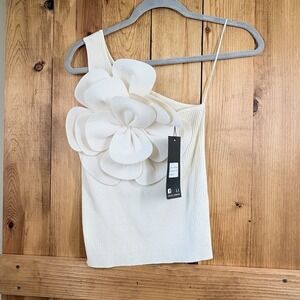 Galita 3D Floral  Asymmetrical Neck Sleeveless Tank Top Off White Ribbed M